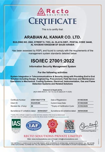 ISO/IEC 27001:2022 certificate issued to Arabian Al Kanar Co. Ltd.